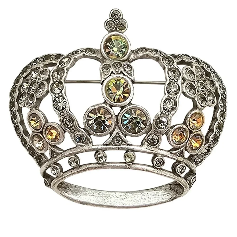 Anne Klein Silver Tone Crown Brooch, Smoky Vitrail Rhinestone Pin Signed, J303